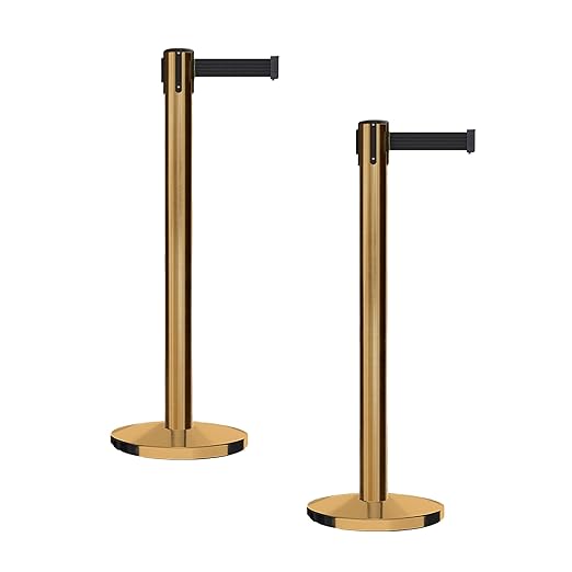 Montour Line MI650 Set of 2 Retractable Belt Barrier Stanchion, Cast Iron Base, Satin Brass Post (16 ft Black Belt)