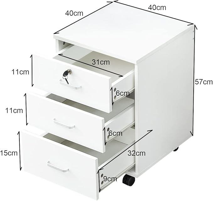 TUKAILAi Mobile File Cabinet with 3 Drawers, Lockable Storage Unit Wooden Rolling Office Filing Cabinet with Wheels, for Legal/Letter/A4 Sized Documents Home Office (White 1PCS)