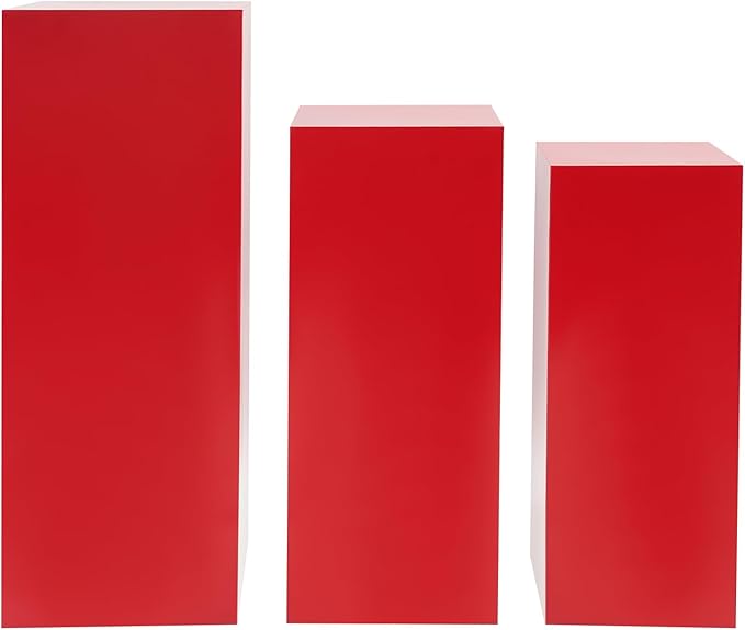 OUKANING 3 PCS Metal Display Pedestal Stands, Square Red Display Stands Pillars, Decoration Cube Sculpture Display Column for Wedding Party Baby Shower Birthday, H31.49'', 25.59'', 23.62''