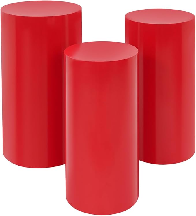 OUKANING 3 PCS Metal Display Pedestal Stands, Cylinder Red Display Stands Pillars, Decoration Cube Sculpture Display Column for Wedding Party Baby Shower Birthday, H27.56'', 26'', 23.62''