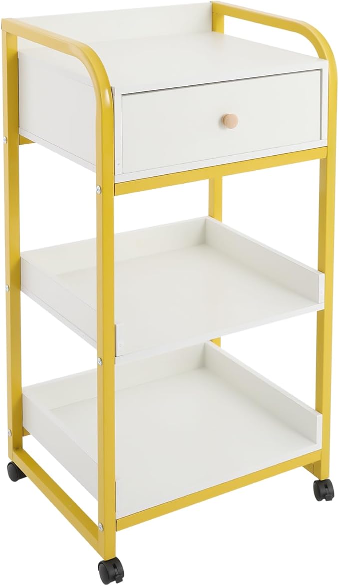 3-Tier Salon Trolley Cart w/Drawer & Shelves, Esthetician Carts w/Wheels Utility Storage for Barber Nail Spa Office, Gold, White