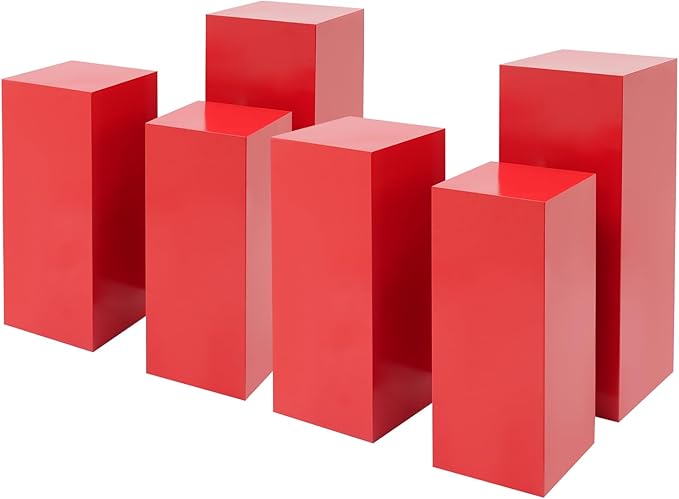 OUKANING 6 PCS Metal Display Pedestal Stands, Red Square Display Stands Pillars, Decoration Cube Sculpture Display Column for Wedding Party Baby Shower Birthday, H31.49'', 25.59'', 23.62''