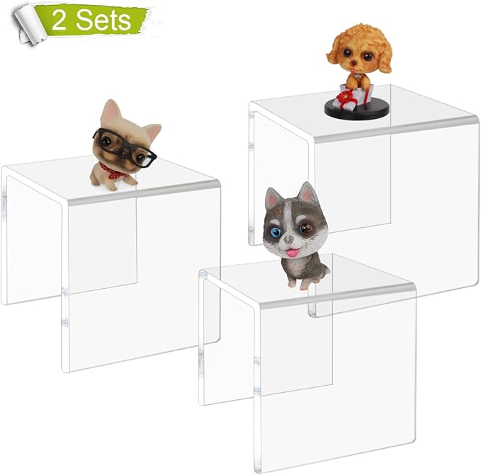 NIUBEE Acrylic Display Risers Stand 2 Sets,3 Steps Clear Riser Shelf Showcase for Amiibo Funko POP Figures -8.4"x6.3"x4.3"
