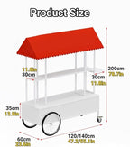 Portable Food Cart with Striped Canopy, Mobile Vendor Display Stand with Lockable Wheels, Iron Outdoor Cart for Market, Street Food or Events(White,47.2in)