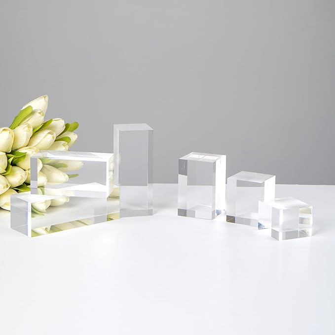 6Pcs Clear Acrylic Cube Display Risers Stands, Square Polished Acrylic Photo Props, Transparent Solid Acrylic Display Blocks for Action Figures Collection Jewelry Cosmetic Boutique Crafts
