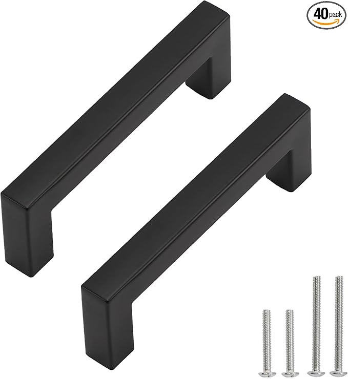 Cabinet Pulls Matte Black Cabinet Handles Square Drawer Pulls, 40 Pack 3-3/4 Inch Stainless Steel Kitchen Door Cupboard Cabinet Handles, Drawer Hardware Handles, 96mm Hole Centers