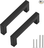 Cabinet Pulls Matte Black Cabinet Handles Square Drawer Pulls, 50 Pack 3-3/4 Inch Stainless Steel Kitchen Door Cupboard Cabinet Handles, Black Drawer Hardware Handles, 96mm Hole Centers