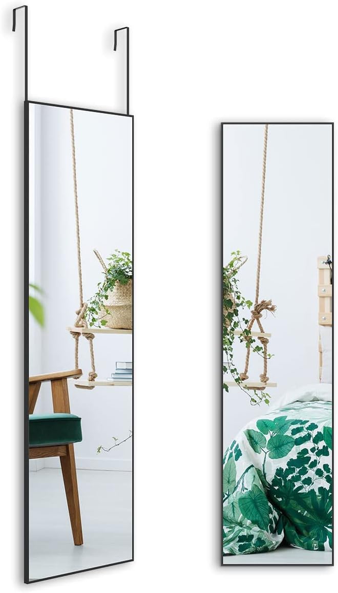 ANYHI Over The Door Mirror, 47" x 12" Black Full Length Mirror for Door, 2 Hooks, Aluminum Frame, Door Hanging or Wall Mounted for Bedroom Bathroom Checkroom