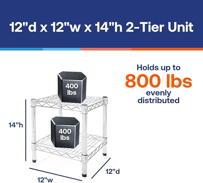 Shelving Inc. 12" d x 12" w Chrome Wire Shelving with 2 Tier Shelves, Weight Capacity 800lbs Per Shelf
