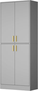 Cozy Castle Kitchen Pantry Cabinet, 71" Tall Wood Storage Cabinet with Doors and Shelves 4 Doors Freestanding Cupboard for Dining Room Living Room Bathroom Furniture, Gray