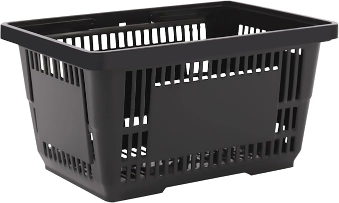 LOYALHEARTDY 12PCS Shopping Baskets with Handles, 21L Plastic Grocery Basket for Retail Store, Supermarket, Grocery Shopping |17" x 12" x 9" Portable Shop Basket (Black)