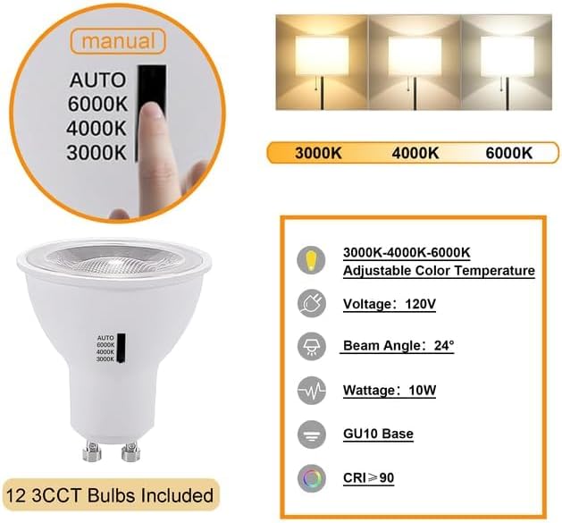 LED Track Lighting Kit, 3CCT 10W Track Lights Heads 3000K/4000K/6000K Adjustable with 13.1FT H-Type Track Light Rails 12PCS Ceiling Spotlight Fixture Replaceable GU10 Bulb