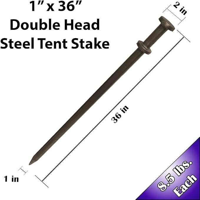 Double Head Tent Stakes - Heavy Duty Steel Tent Stakes, Versatile Ground Spikes to Anchor Commercial Inflatables, Party Tents, and Outdoor Camping Shelters, 1 x 36 Inch, 4-Pack