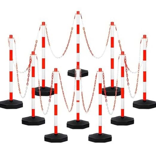 Adjustable Traffic Delineator Post Cones,10 Pack 34 Inch,Traffic Safety Delineator Barrier with Fillable Base 6.6FT Chain, for Traffic Control Warning Parking Lot Construction Caution Roads, Red&White