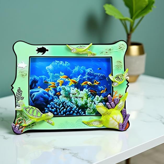 6x8 Inch Sea Turtle Resin Picture Frame - Ocean-Themed Tabletop Photo Display with Turtle Figurine, Feng Shui Lucky Wealth Home Decor, Beach & Marine Art Gallery Decor