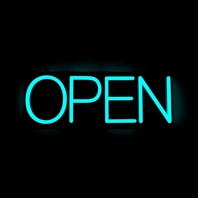 HiNeon Ice Blue Neon Open Sign 20inx7in LED Open Sign w/Remote Controller, Electric Cyan Light Sign for Business Store, w/Hanging Chain for Shop Windows, Direct Plug-In w/ 12V Power Adapter