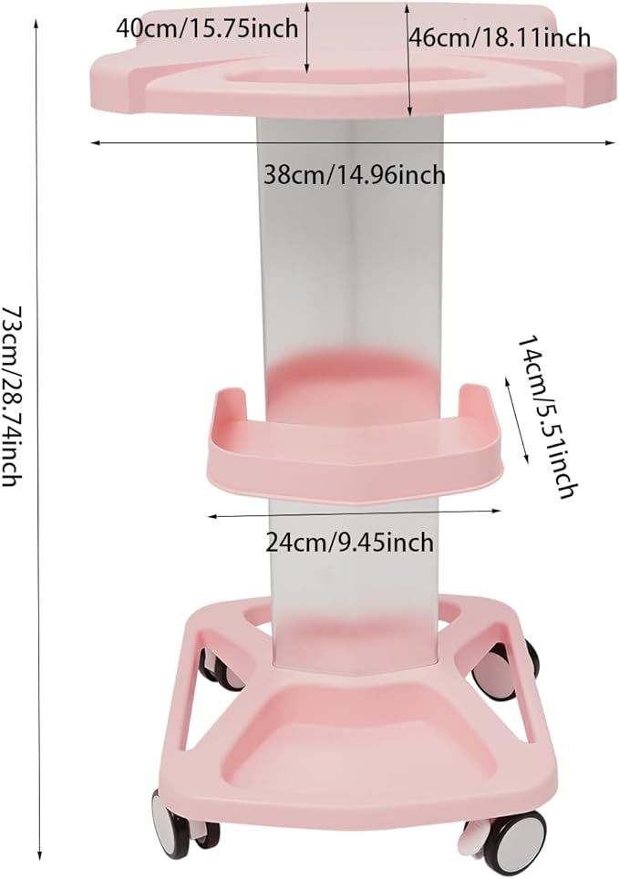 Pink Beauty Salon Trolley Cart with Silent Wheels,Mobile Aluminum and ABS Rolling Salon Cart Tattoo Table Work Station with Tray