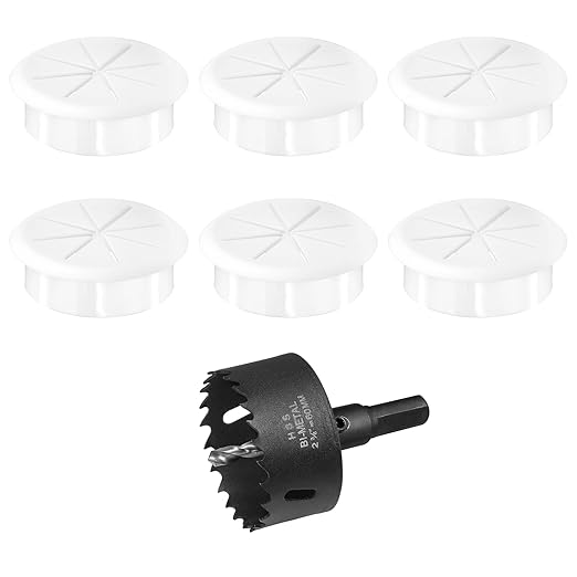 2-3/8" White Desk Grommet, JTemgle Flexible Cable Grommet with Bi-Metal Hole Saw Rubber Cable Hole Cover Wire Organizer Caps Desktop Cord Management for Home Office TV Stands Tabletops, 7 Pieces