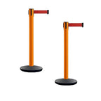 Montour Line MI650 Set of 2 Retractable Belt Barrier Stanchion, Cast Iron Base, Orange Post (16 ft Red Belt)