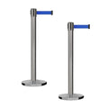 Montour Line MI650 Set of 2 Retractable Belt Barrier Stanchion, Cast Iron Base, Black Satin Stainless Steel Post (16 ft Blue Belt)