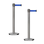 Montour Line MI650 Set of 2 Retractable Belt Barrier Stanchion, Cast Iron Base, Black Satin Stainless Steel Post (16 ft Blue Belt)