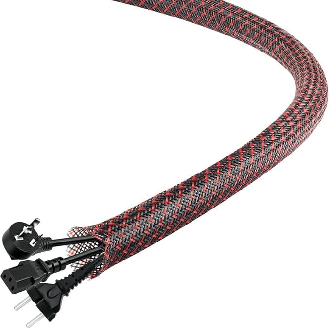 25Ft-1inch PET Expandable Braided Wire Sleeving,Wire Loom Cable Sleeve for TV,Computer,Home Theater,Automotive,Home Industrial,Electrical Wires,Chemical,Protect Cat from Chewing Cords,BlackRed