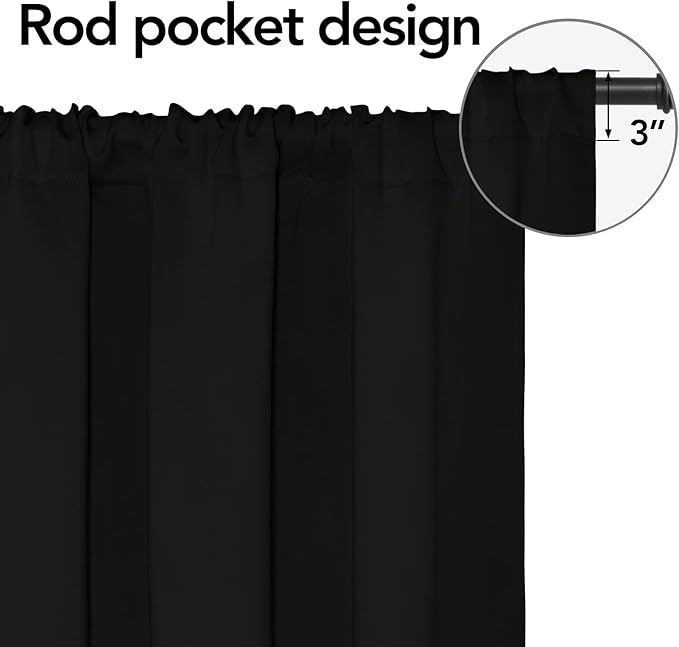 Easy-Going Rod Pocket Blackout Curtains for Bedroom, Room Darkening Window Curtains for Living Room, Thermal Insulated Noise Reduction Solid Window Drapes, 2 Panels(52x63 in, Black)