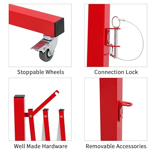 GYMTIME Easily Assembled Expandable Metal Barricade, 11 Feet, Red and White, Portable Safety Barrier with Casters, Flexible Fence Mobile Barrier Gate, Adjustable Traffic Fence