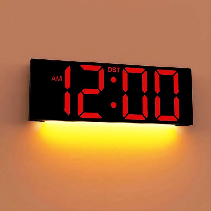 JALL 12'' Large Digital Wall Clock, Big LED Number Dispaly, RGB Colors, DST, Night Light for Classroom Living Room Bedroom Mounted Birthday Xmas Gift for Senior, Black Shell, Red Font