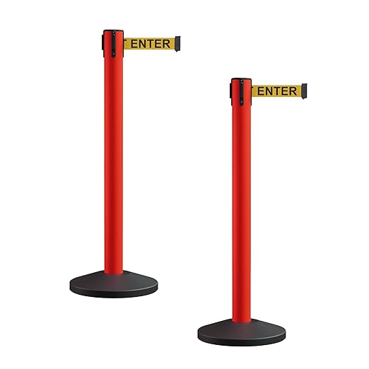 Crowd Control Warehouse CCW Series RBB-150 - Set of 2 Stanchion Retractable Belt Barriers - 16 Foot, Yellow"Caution - DO NOT Enter" Black Letters Belt with Red Post - Easy Assembly
