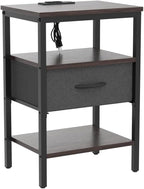 SUPERJARE Nightstand Set of 2, Bed Side Tables with Charging Station, Adjustable Fabric Drawer, Night Stand for Bedroom, 3-Tier Storage End Tables, Walnut, 8694NC