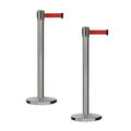 Montour Line MI650 Set of 2 Retractable Belt Barrier Stanchion, Cast Iron Base, Black Satin Stainless Steel Post (16 ft Red Belt)