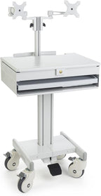 Displays2go Mobile Medical Cart with 2 Monitor Holders, Height Adjustable, Pullout Tray, Steel, Plastic, MDF – Gray (DWMDC2M)