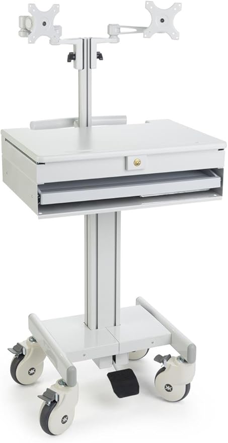 Displays2go Mobile Medical Cart with 2 Monitor Holders, Height Adjustable, Pullout Tray, Steel, Plastic, MDF – Gray (DWMDC2M)
