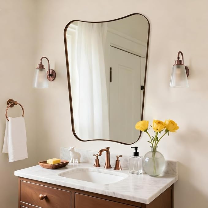 ANDY STAR Brushed Bronze Asymmetrical Mirror, 22"x30" Bathroom Mirror for Over Sink, Premium Stainless Steel Thin Frame, Antique Bronze Mirror for Wall, Butterfly-Inspired Designer Decor