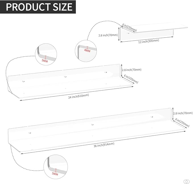 Acrylic Wall Shelves 36 24 12 Inches, Clear Floating Shelf for Wall, Wall Mounted Display Shelves for Plants, Radio, Funko Pop, Stuffed Animal, Books, Clock, Cosmetics, Toiletries