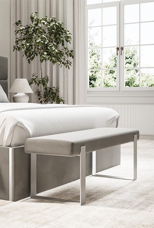 VANT Upholstered Bed Bench - Boucle Ivory - Brushed Nickel - Contemporary Modern, Bedroom Bench Seat, Hallway, or Entryway