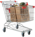 Supermarket Shopping Cart, Silver Metal, 6.3 Cu. Ft. Capacity, 350 lb Load, Chrome Construction, Child Seat with Safety Belt, 39.75x22.81x40.19 Inches