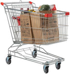 Supermarket Shopping Cart, Silver Metal, 6.3 Cu. Ft. Capacity, 350 lb Load, Chrome Construction, Child Seat with Safety Belt, 39.75x22.81x40.19 Inches