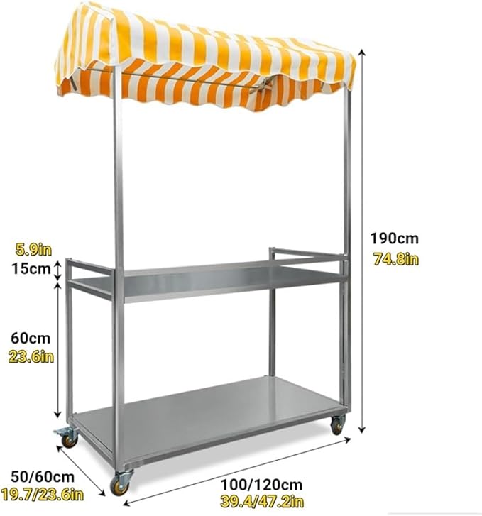 Outdoor Food Cart with Canopy, Portable Street Vendor Stand, Foldable Commercial Vending Trolley Kiosk for Market, Street Food and Events(Yellow,47.2x23.6in)