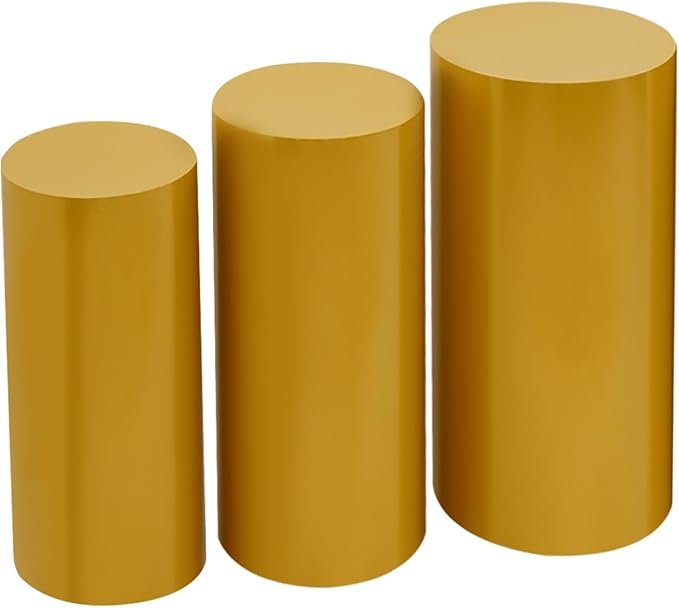 OUKANING 3 PCS Metal Display Pedestal Stands, Cylinder Gold Display Stands Pillars, Decoration Cube Sculpture Display Column for Wedding Party Baby Shower Birthday, H27.56'', 26'', 23.62''