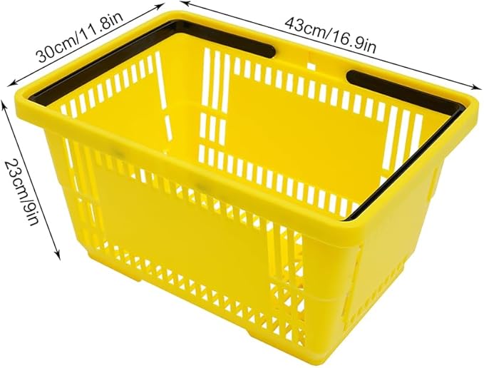 12 Pack Commercial Shopping Baskets - 28L Black/Yellow/Green Nesting Stackable Bins with Invisible Handle for Retail, Supermarket, Warehouse Durable Store Basket (Yellow)