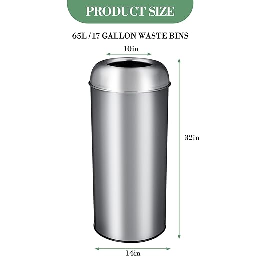 65L/17 Gallon Tall Commercial Trash Can, Large Capacity Brushed Stainless Steel Trash Bin with Open Top, Commercial Grade Heavy Gauge for Home, Office, Restaurant