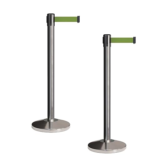 CCW Set of 2 Retractable Belt Barriers Stanchion, Polished Stainless Steel Post, RBB-100 (7.5 Foot Belt, Olive Belt)