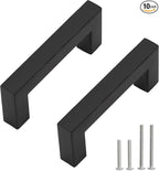 Matte Black Cabinet Handles - Square Drawer Pulls, 3 Inch Stainless Steel, 10 Pack, 76mm Hole Centers