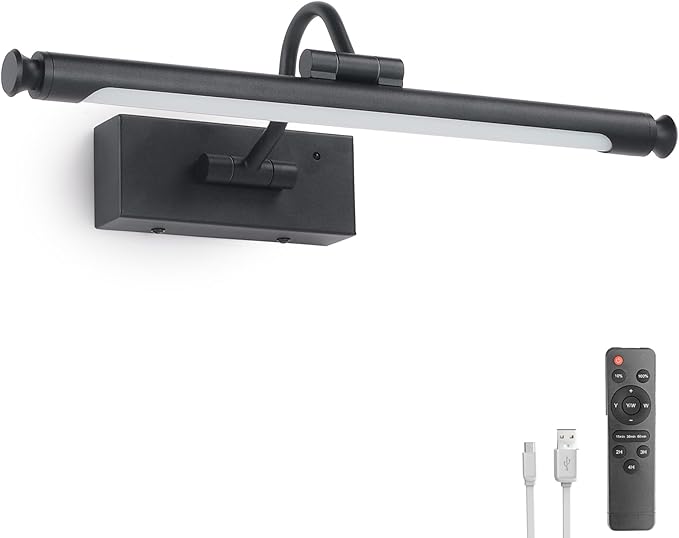 Battery Operated Picture & Frame Light – 15.7" Black Dimmable LED Wall Art Lamp with Remote Control, Timer, Adjustable Arm for Paintings, Portraits & Frames