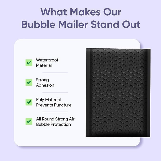 Black 7.25x12 Inch Poly Bubble Mailers #1 | Self Seal Padded Envelopes | Air Cushioned Bubble Mailer | Usable Size 7.25x11 Inch | 100 Pack Bulk | Waterproof | Lightweight Mailing Shipping Bags