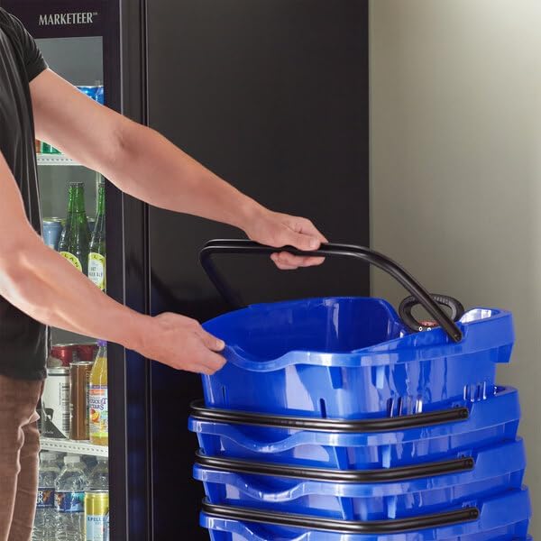 Plastic Shopping Basket with Wheels, Blue, 21.25 x 16.5 x 18.5 Inch, 45 lb Capacity, Stackable, Telescopic Handle