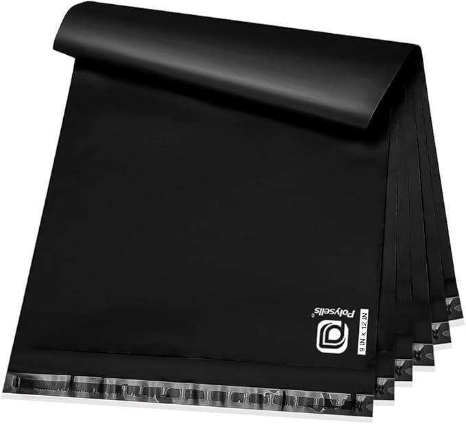 POLYSELLS 100 pcs 9x12 Inches Black Poly Mailers Shipping Envelopes, Strong Adhesive Sealing, Waterproof, and Tear-resistant Postal Mailing Bags for Clothing, Books, and Accessories