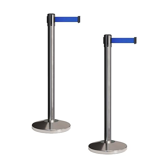 Crowd Control Warehouse CCW Set of 2 Retractable Belt Barriers Stanchion, Polished Stainless Steel Post, RBB-100 (9 Foot Belt, Blue Belt)